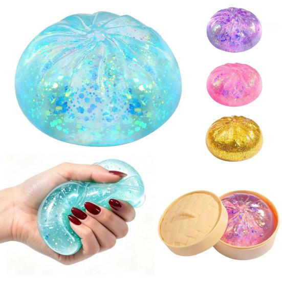 Yousheng 1/4Pcs Clear Glitter Dumpling Squeeze Toy, Soft Steamed Bun Stress Relief Toy, Hand Exercise Relaxation Tool for Kids Adults