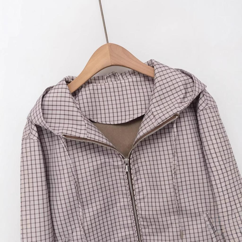 Frühling 2026 neue europäische und amerikanische grenzüberschreitende Damenbekleidung Streetwear karierte Kapuzenjacke w027 1226