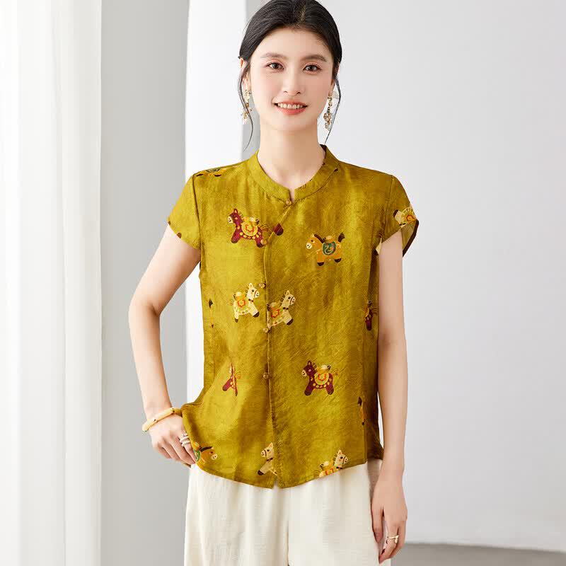 New Chinese Style Playful Pony Print Stand Collar Shirt