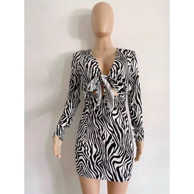 

Fashion Disco Hot Sexy Bow V-neck Lace up Silm Slim Looking Temperament Long Sleeve Zebra Stripes Dress Female Zebra S