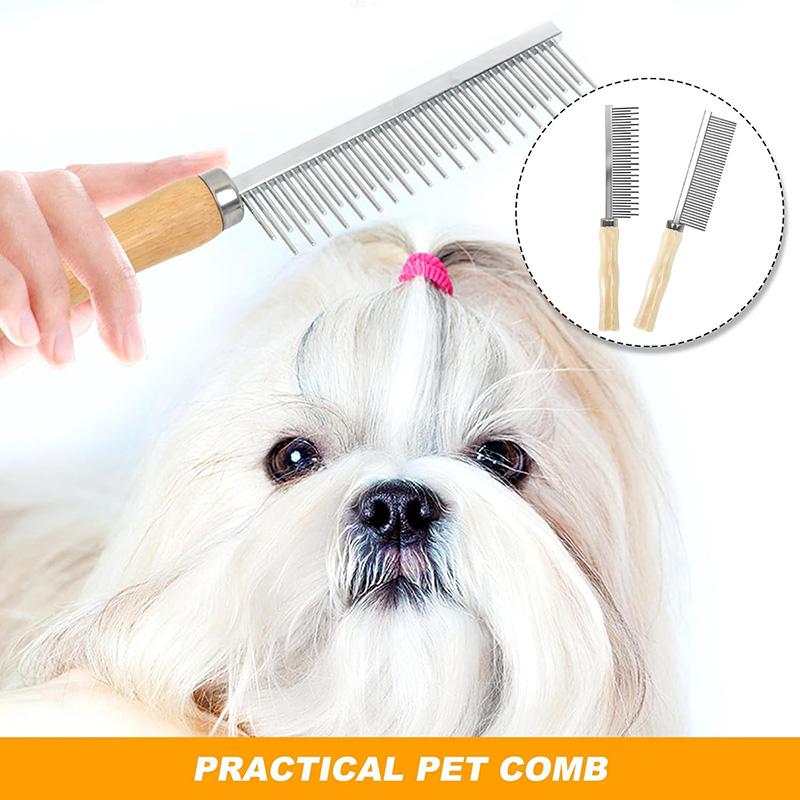 2Pcs Pet Grooming Combs Set Detangling Comb for Cats Dogs Stainless Steel Dogs Comb Cat Hair Removal Comb with Wooden Handle