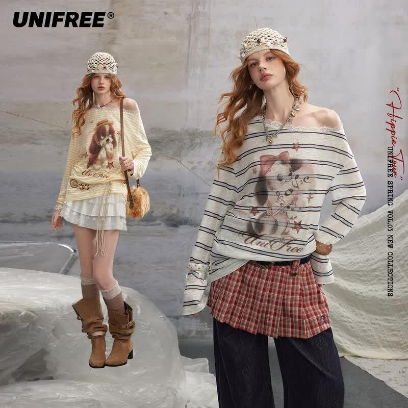 UNIFREE Women s Plus Size American Retro Dog Print Slouchy Off-Shoulder Striped Long Sleeve T-Shirt M