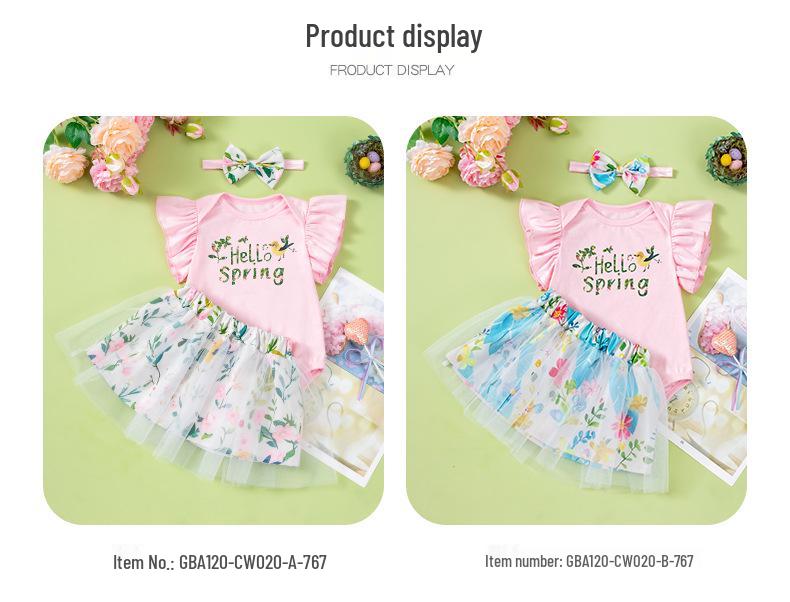 3-Piece Baby Girl Outfit: Fly Sleeve Romper, Skirt, Hair Accessories for Spring/Summer