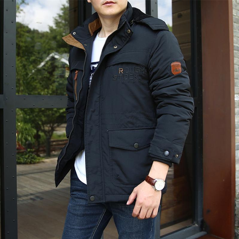 

Autumn and Winter Men s Warm Cotton-padded Coat with Fleece Thickened Medium-long Coat 5XL чорний