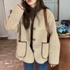 Women's Korean Style Lambswool Color Block Coat: Loose Fit, Contrast Stitching, Round Neck, Button Cardigan with Pockets, Long Sleeves.