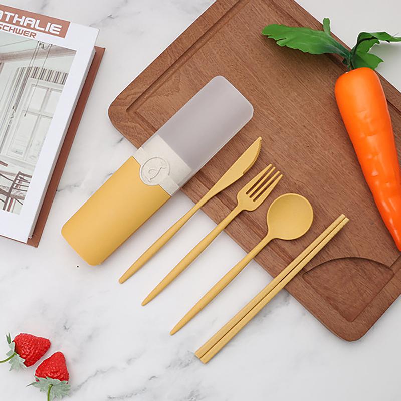 4Pcs Wheat Straw Cutlery Set Portable Tableware Reusable Spoon Knife Chopsticks Fork Travel Picnic With Carrying Box