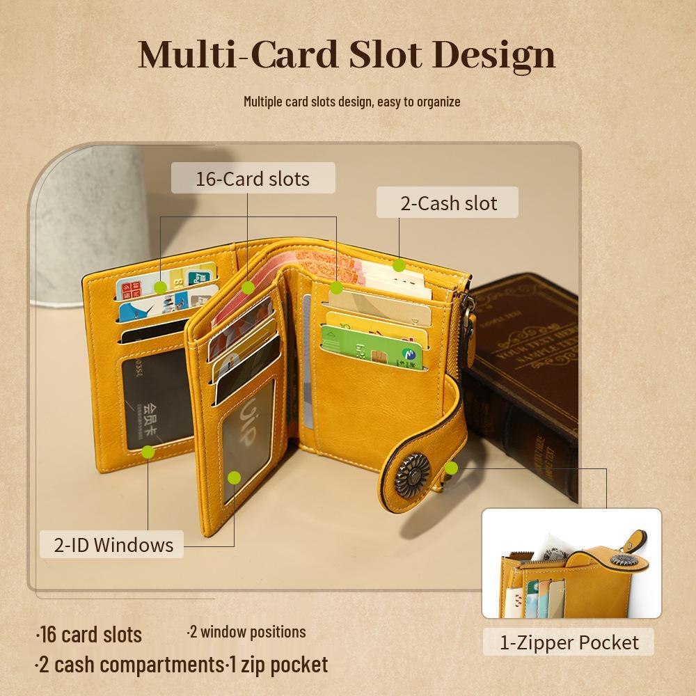 Portafoglio da Donna RFID Anti-Magnetico - Corto in Pelle Retro Olio Cera Europea & Americana, Portamonete Multi-Scomparti per Carte.