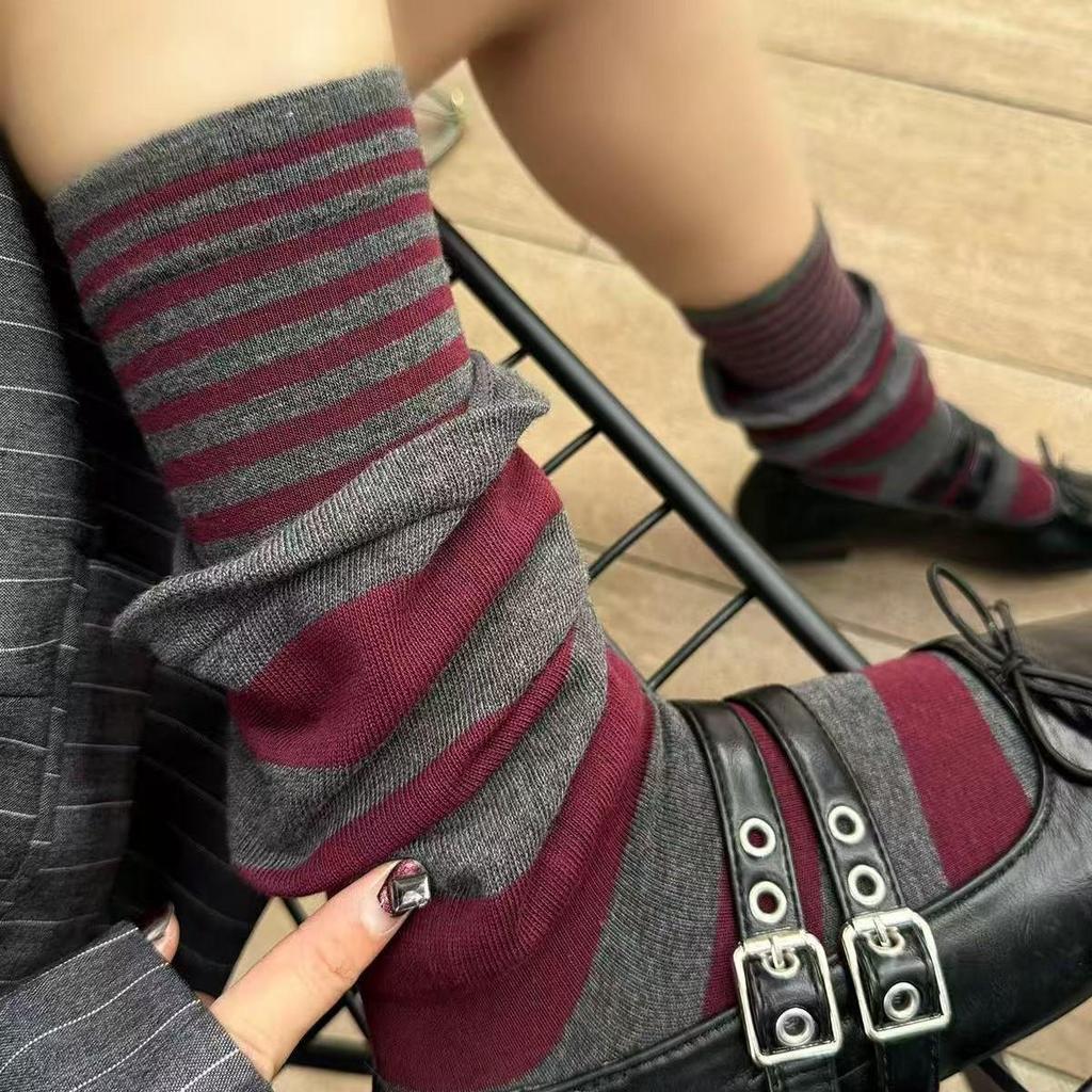 High-end Appeal: Claret Red with Stripes, Features a Stylish Fake Two-piece Design and Scrunch Socks. The More You Look, the More You'll Love It!