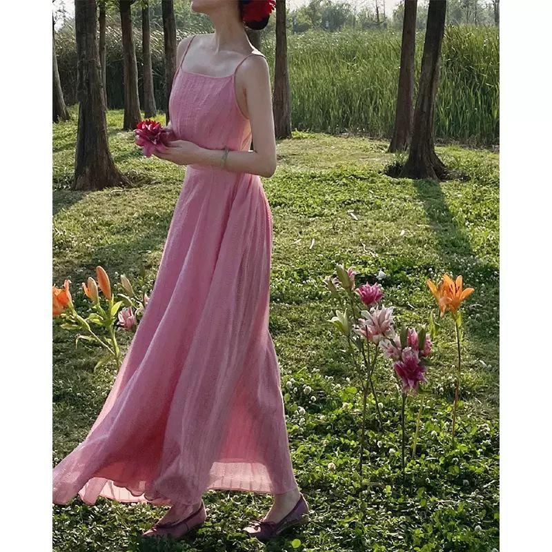 French Pink Sexy Backless Suspender Dress Women's Summer Fairy Temperament Seaside Vacation Princess Long Skirt