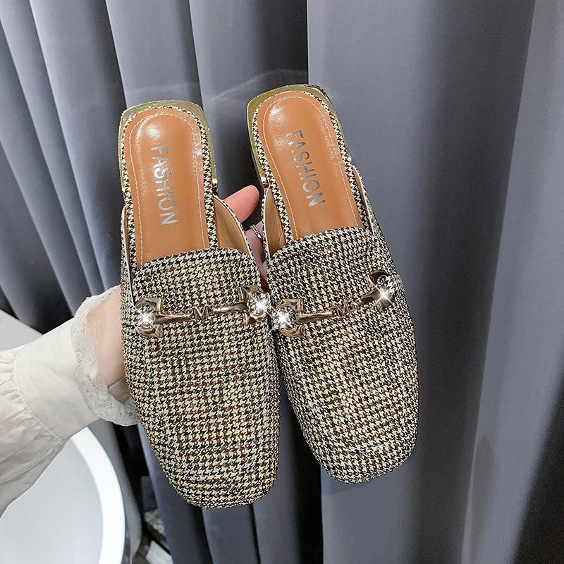 2026 Fashion Summer Square Toe New Breathable Women s Outside Wear Flat Slip-on Wrapped Slippers 35 золотой
