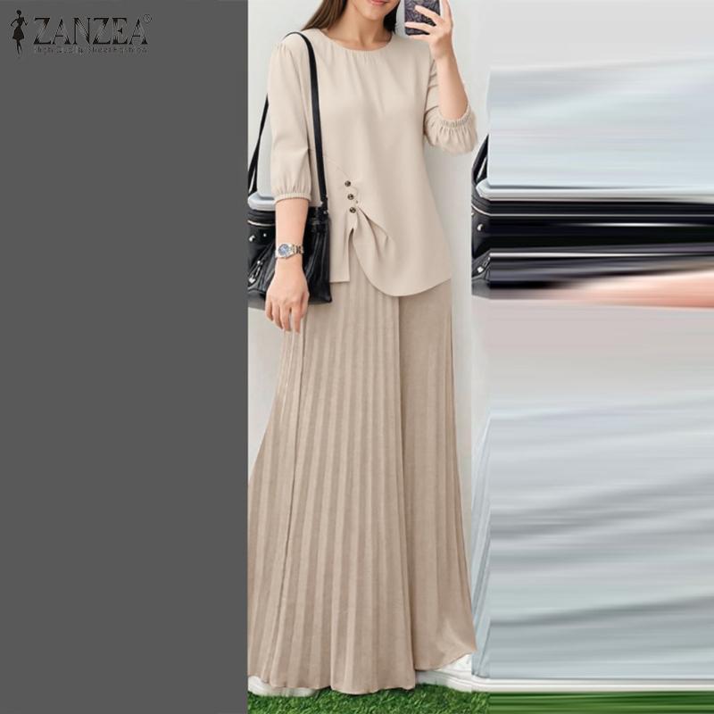 

ZANZEA Женская блузка и широкие брюки повседневные комплекты из двух предметов 5XL бежевый