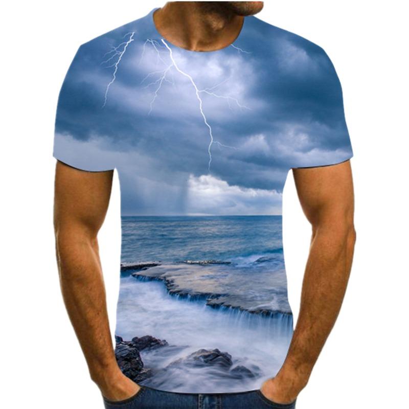 2024 Pánské tričko s 3D potiskem Tričko s potiskem krajiny s blesky Kulatý výstřih Plážová trička Pánské tričko Léto