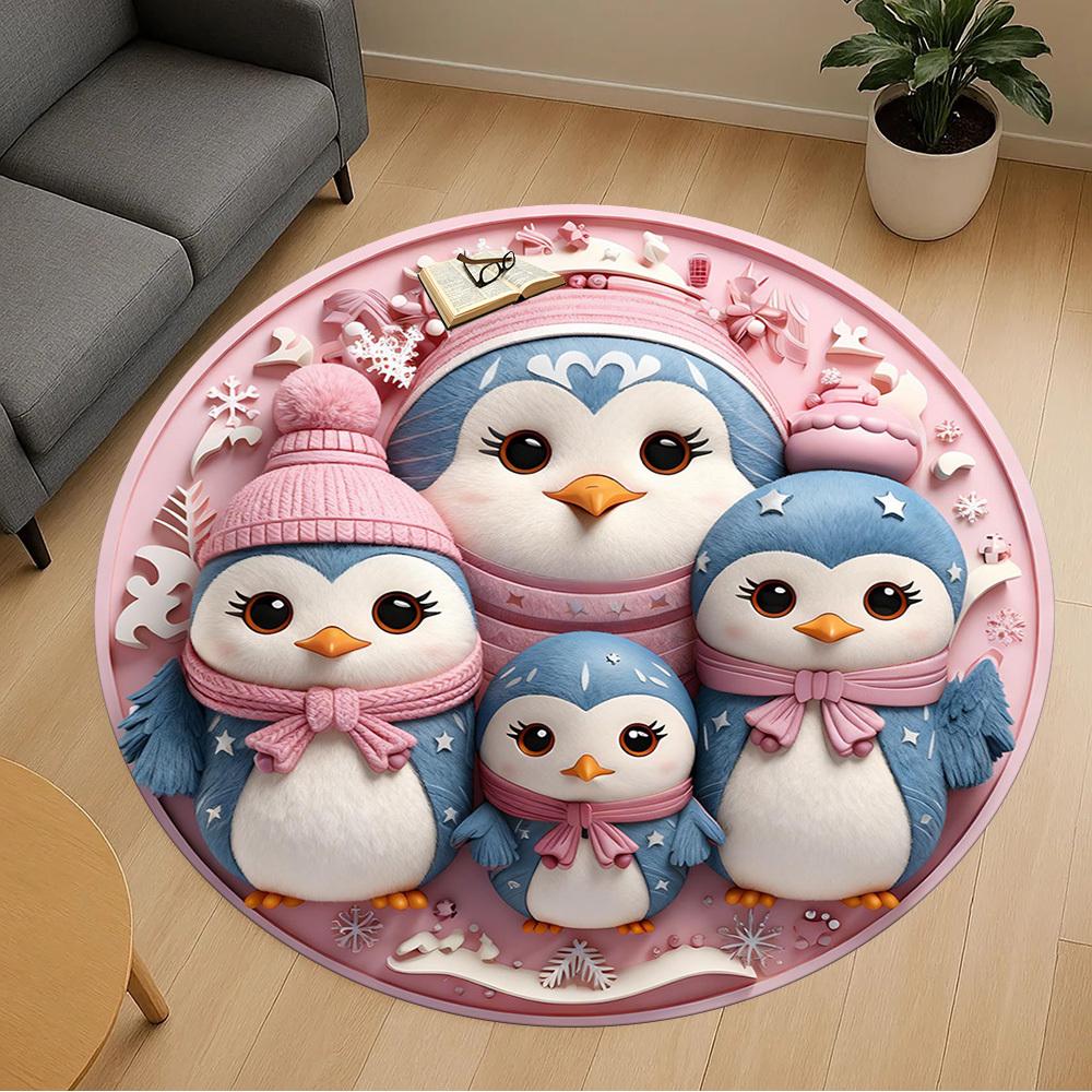 1pc Penguin Family Round Chair mat office Area Rug - Non-Slip, Floor Mat for Office, Bedroom, Ideal home decor gift c0112006