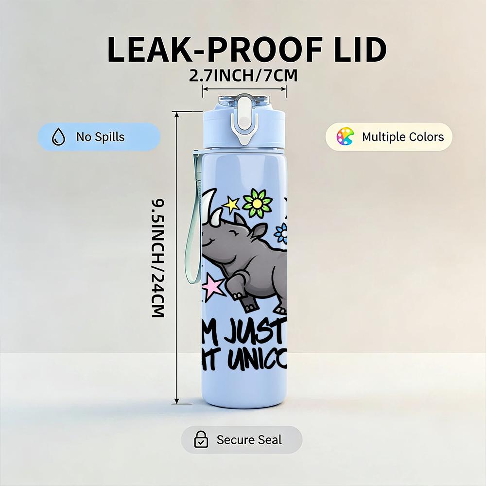 1PC Fat Unicorn Rhino Cartoon Graphic,750ml Color Plastic Sports Water Bottle,Leakproof Flip Straw Lid,Suitable for Sports Office Home Use