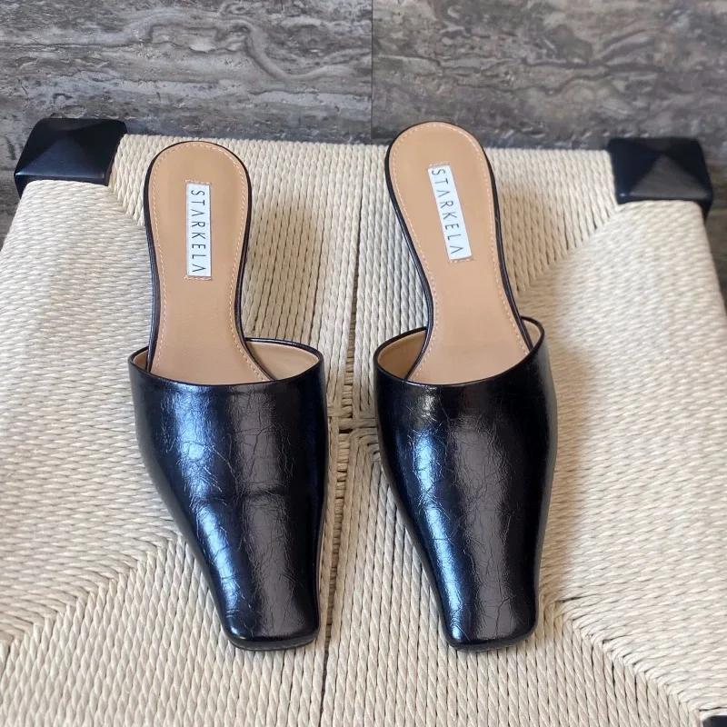 Square Toe Slippers Women High Heels Kitten Sandals Shoes Mules Fashion Summer 2025 New Leather Dress Pumps Casual Sandalias
