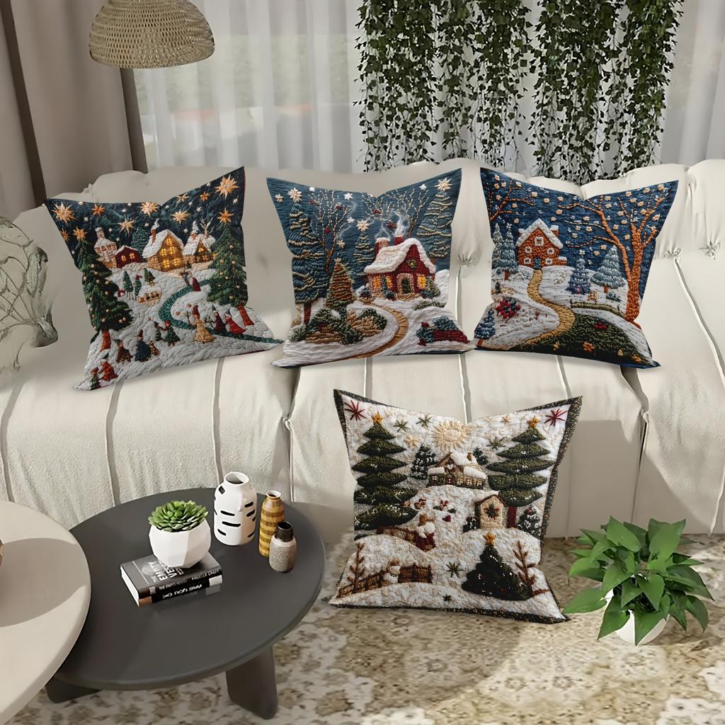 Christmas Snow Pillowcase: Embroidered Dream Cabin and Bright Starry Sky New Year Home Decoration 2d Flat Printing