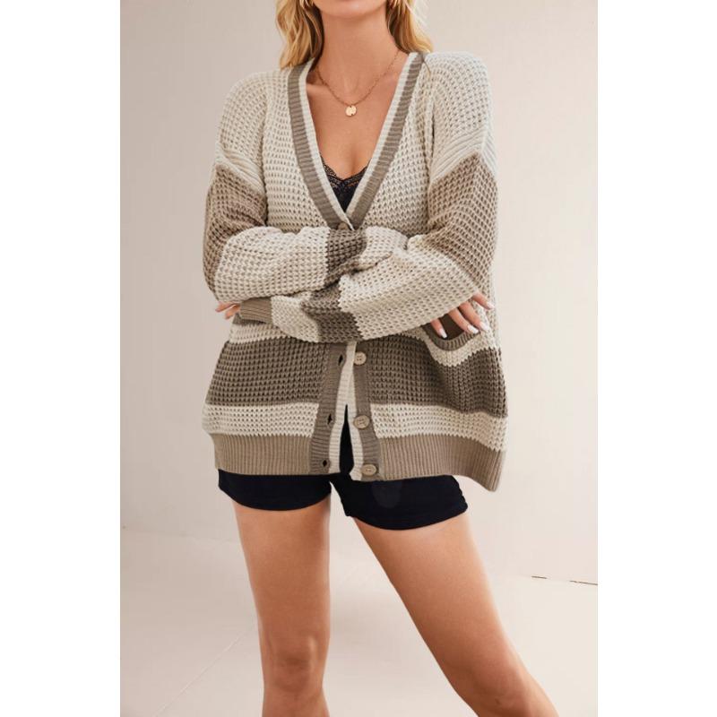 Women's clothing autumn and winter new hot-selling knitted jacket V-neck large-size pocket color matching cardigan sweater women