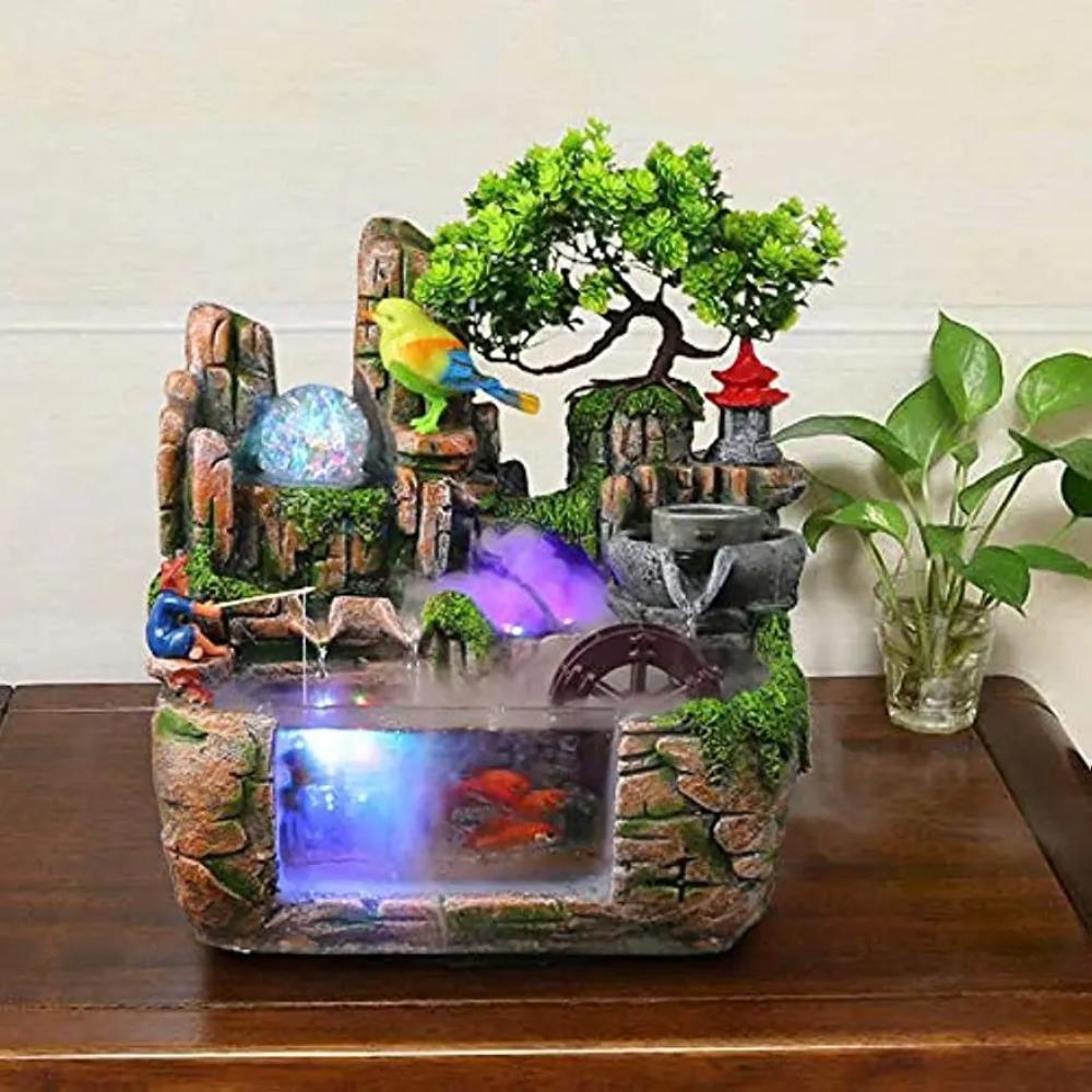 Desktop Fountain Waterfall with Rockery Indoor Relaxation Tabletop Resin Ornament with Light Bird & Fisherman for Home