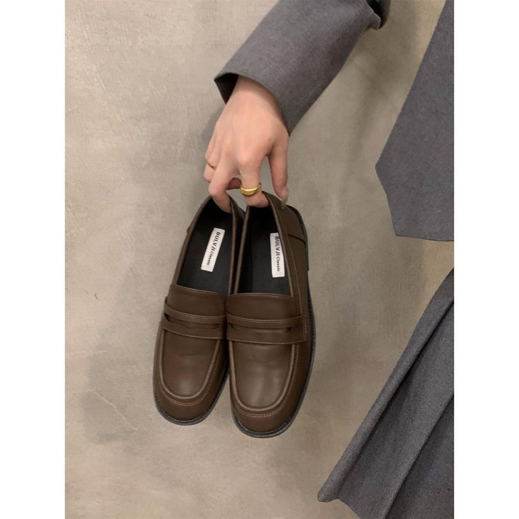 French flat-soled retro brown loafer single shoes women's shoes 2025 new spring and autumn black British style small leather shoes