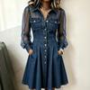 Women's Color Long Sleeve Button Front Paneled Dress with Lapel Collar