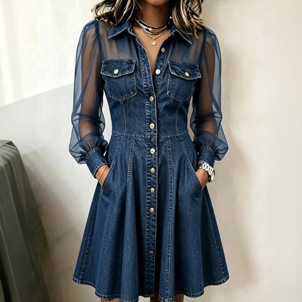 Women's Color Long Sleeve Button Front Paneled Dress with Lapel Collar