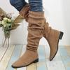 Mode Vintage Wildlederimitat Kniehohe Stiefel Damen 2025 Neue Dick Absatz Plissierte Lange Stiefel Frau Herbst Winter Schlupfstiefel Hohe Botas Mujer