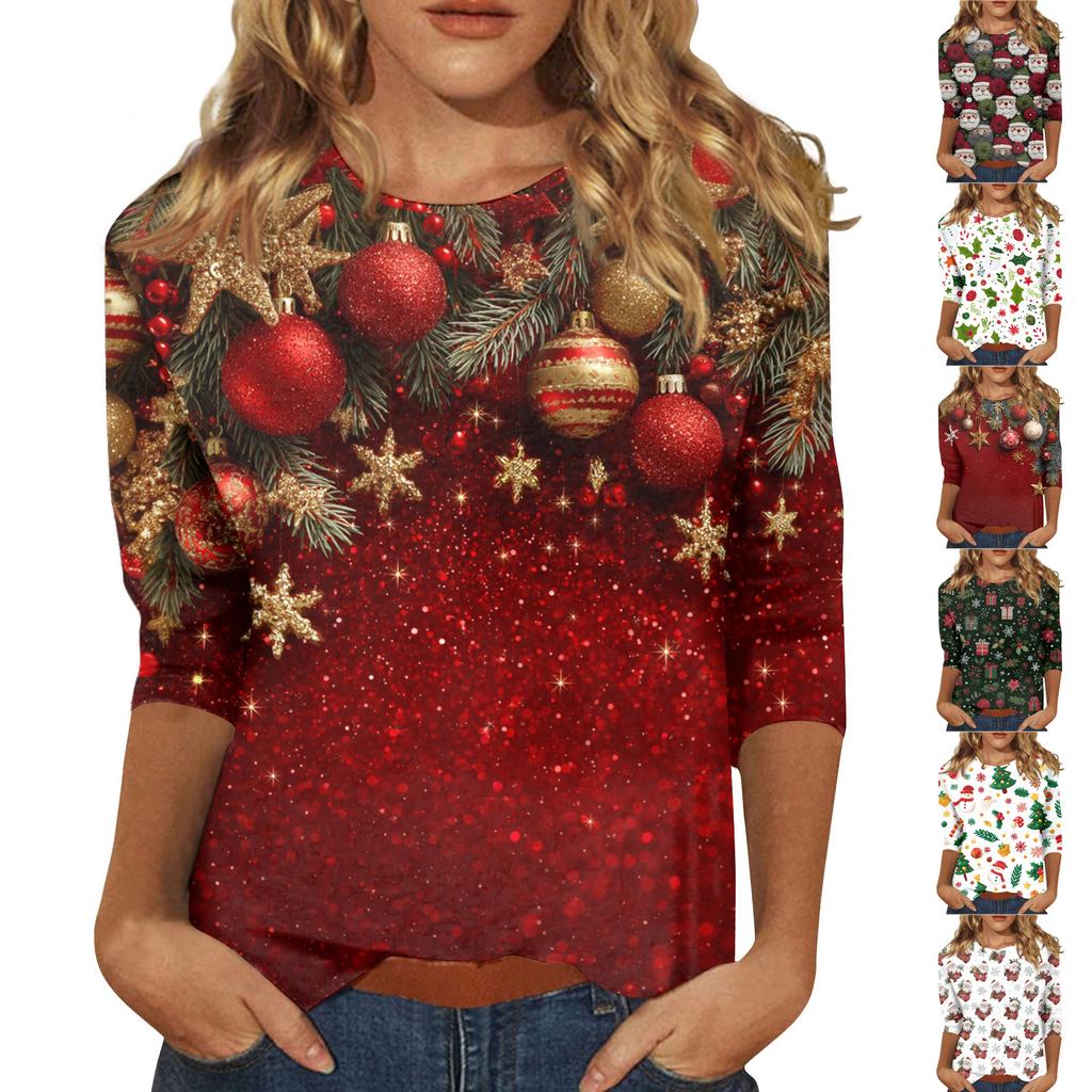 Women's Tops Three-quarter Sleeve Shirt V-neck Loose Casual Shirt Print T-shirt