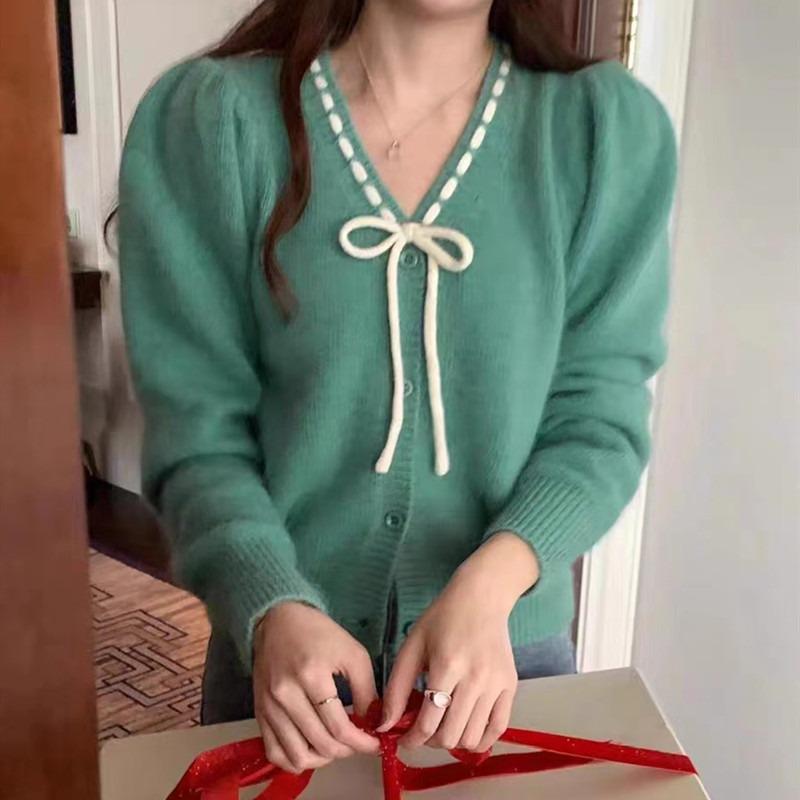 Elegant Sweet Bow Lace-up V-neck Cardigan Women Sweater Korean Fashion Chic Spring and Autumn Loose Coats Versatile Long Sleeved Knitted Clothing