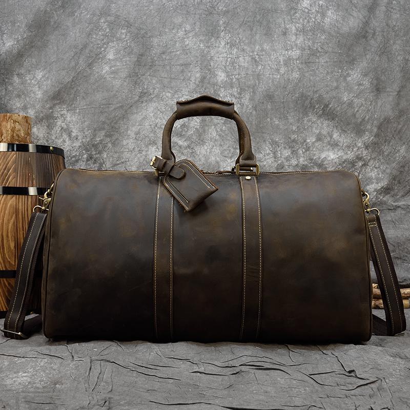 60cm Vintage Mens Leather Travel Bag Real Leather Weekender Bag Overnight Travelling Handbag For 3 Days  Business Travel