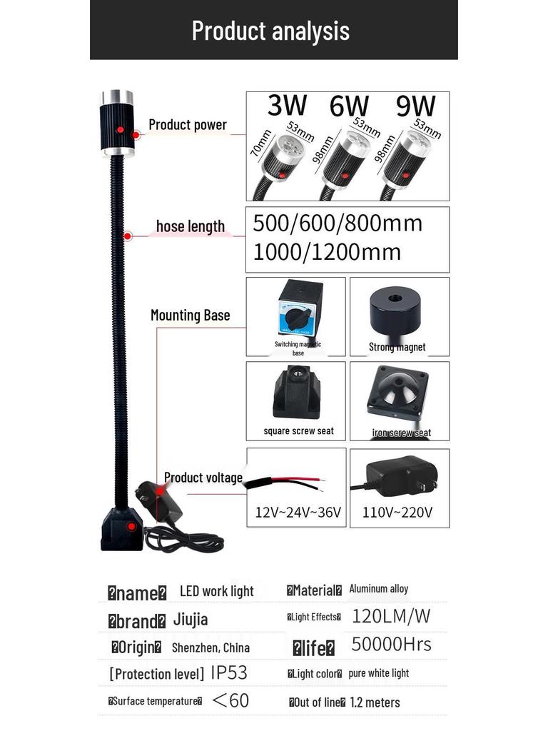 Nine Machine Tool Gooseneck Magnetic Work Light - 3W/6W/9W, 24V/220V, Strong Magnetic Base, Long Arm