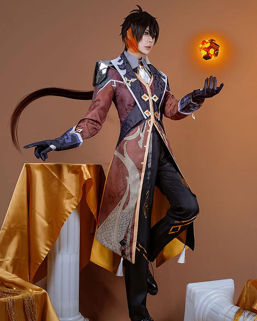 Zhongli Cosplay Costume with Emperor of the Genshin Full Adult Perfect for School Genshin Zhongli Cosplay Wig Size New [Brilliant Product] Wig, Rocks,