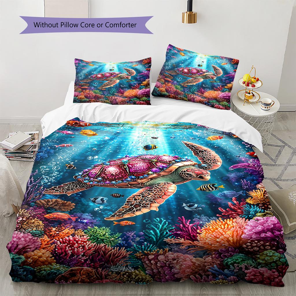 Colorful Sea Turtle Pattern Bedding Set Quilt Cover Pillowcase Home Decor Gift (1 * Duvet Cover + 2 * Pillowcase, Without Core)