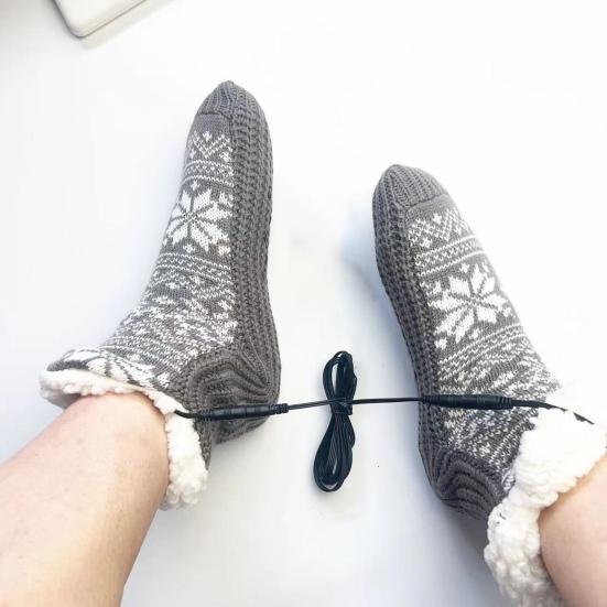 1 Paar USB Elektrisch Beheizte Socken Unisex Winter Gestrickt Flauschig Fleece Haussocken Hausschuhe Rutschfest Thermisches Heizkissen Fußwärmer