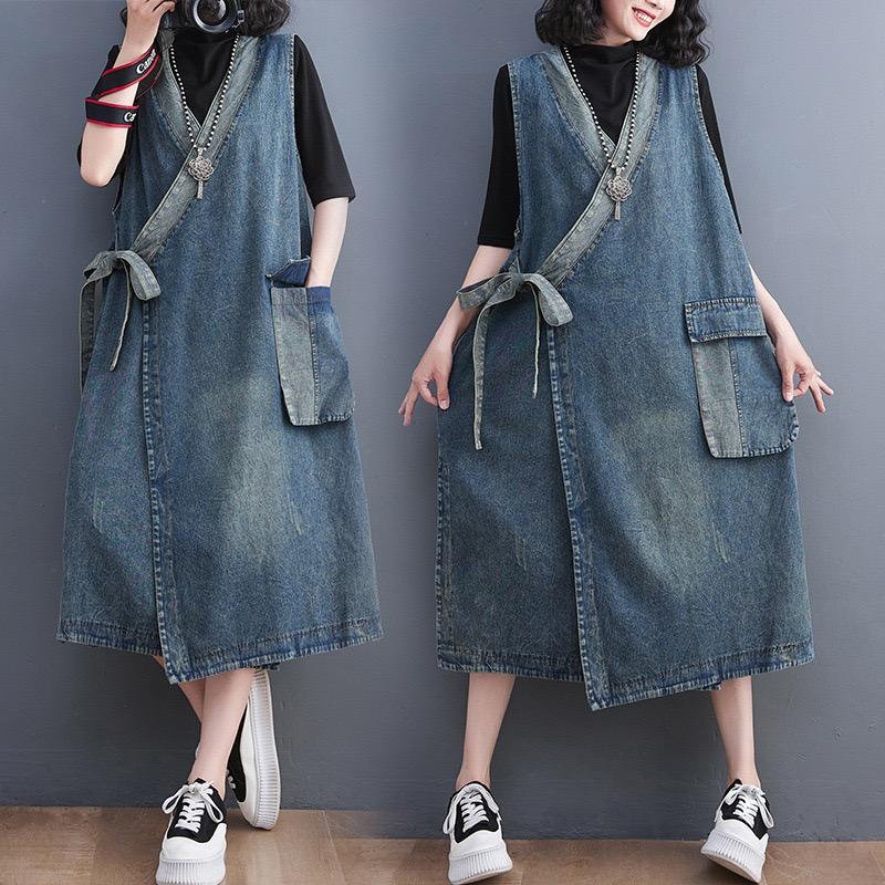 Sommer Plus Größe Mode Ärmellose Frauen Elegante Dame Lange Weste Gürtel Kleid Lose Kleidung Blau Oversize Denim Kleid