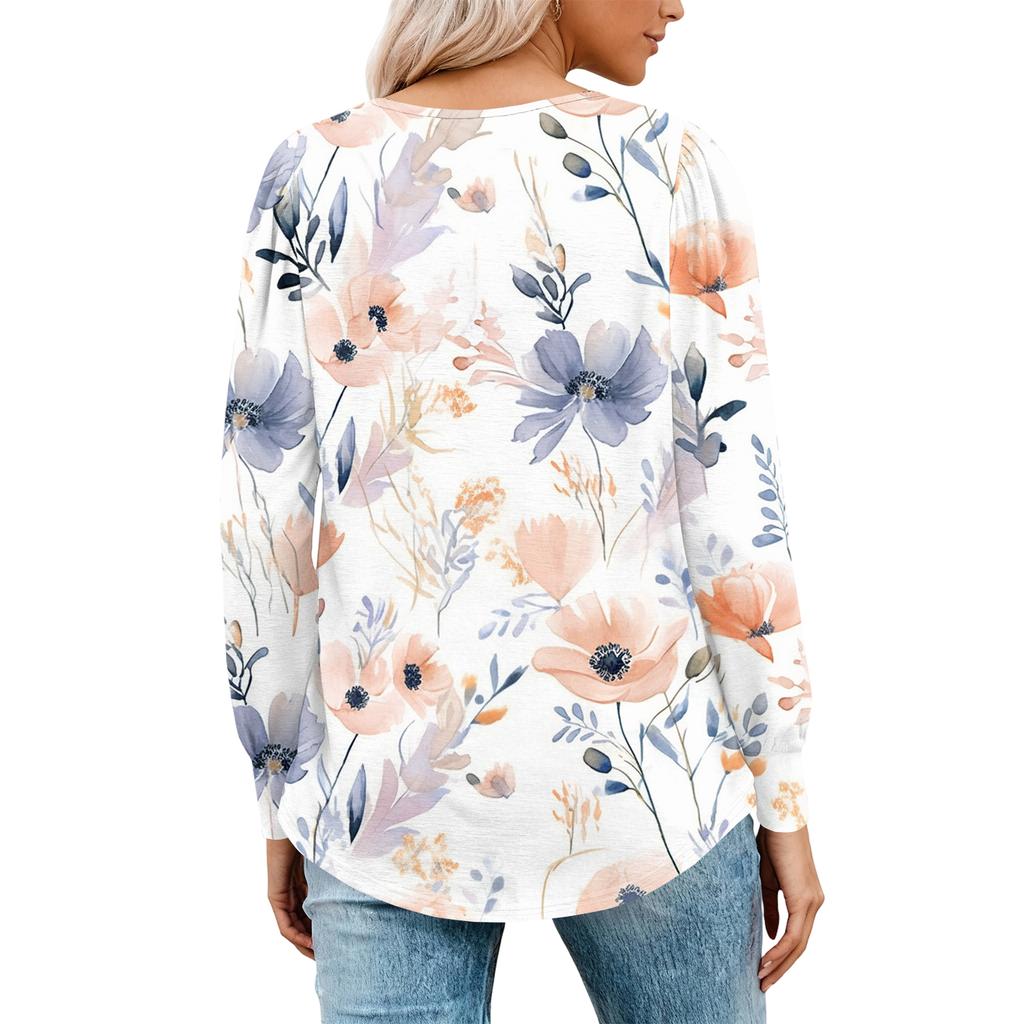 Women's Fashion Casual Pleated Round Neck Vintage Floral Print Long Sleeve T,Shirt Top
