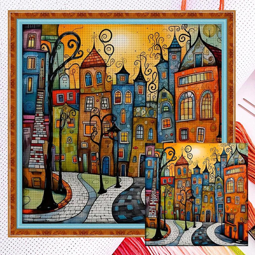 Plná výšivka Ekologická bavlněná nit 14CT Počítaná sada křížkové výšivky Domy 40x40cm