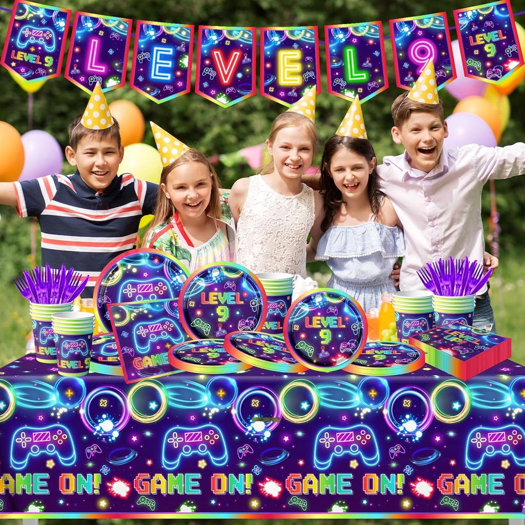 142pcs 9th Video Game Birthday Decorations for Boys 9th Gaming Birthday Party Supplies Tableware 9th Video Game On Plates Napkins Banner Tablecloth