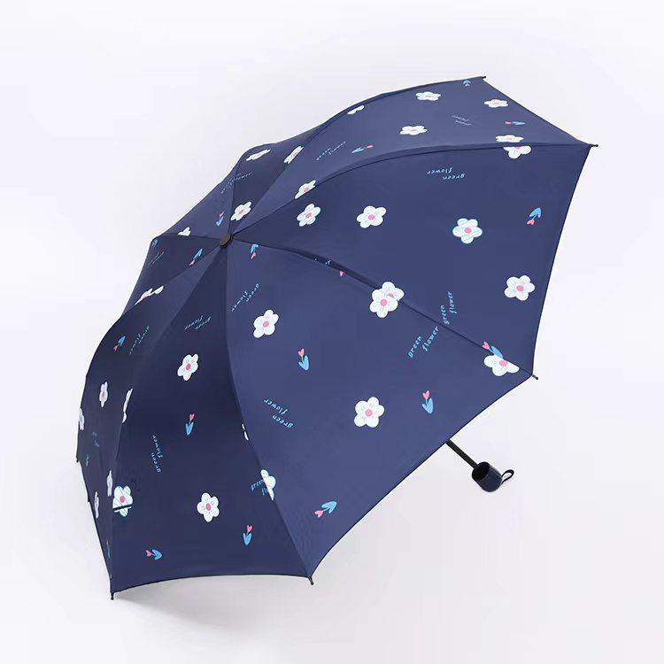 Compact Black Vinyl Folding Umbrella for Female Students - Sun & Rain Protection, Small Fresh Style.