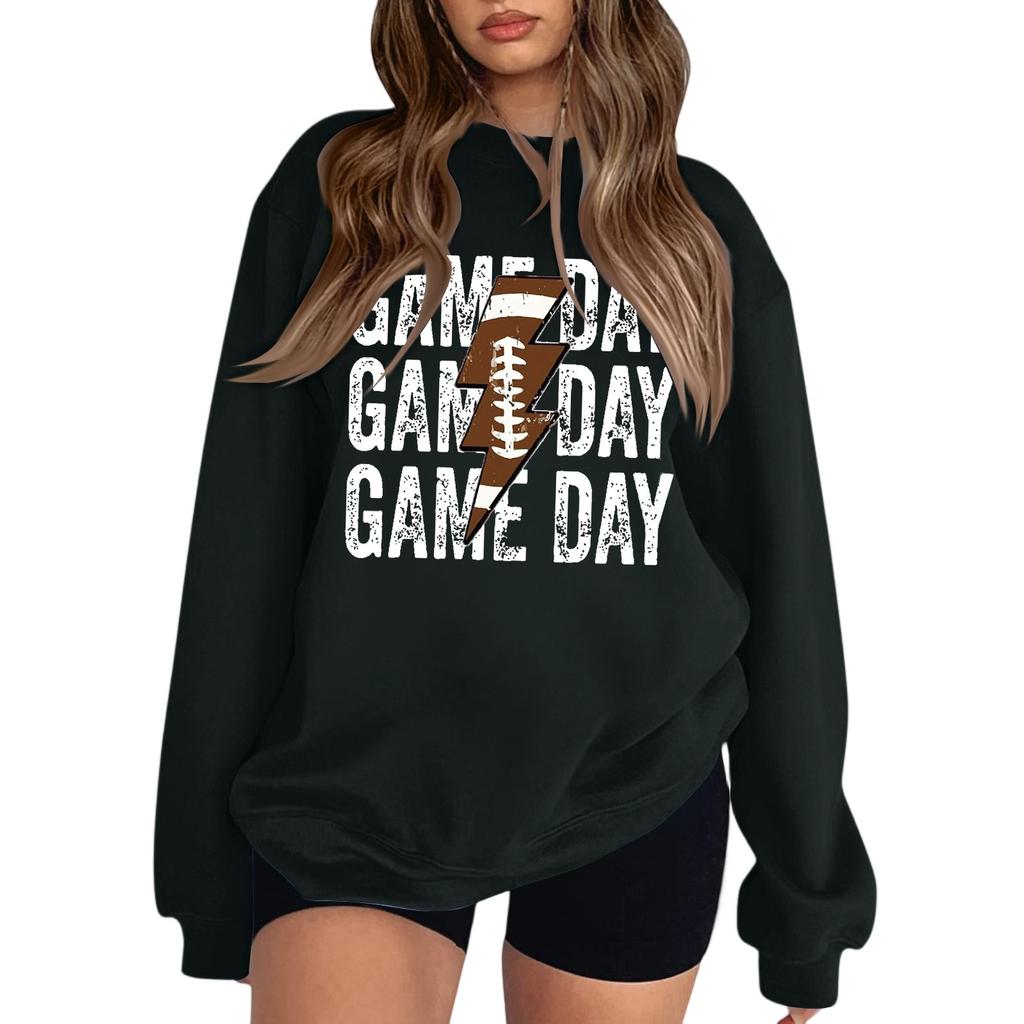 Women's Fashion Round Neck Long Sleeve Colorful Ligtning Rugby Letter Sweatshirt