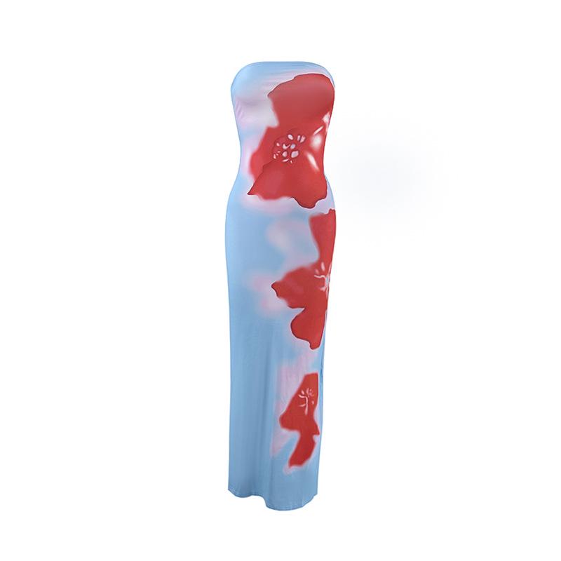 European & American Style Sexy Slim Fit Strapless Printed Long Dress with Side Slit for Women