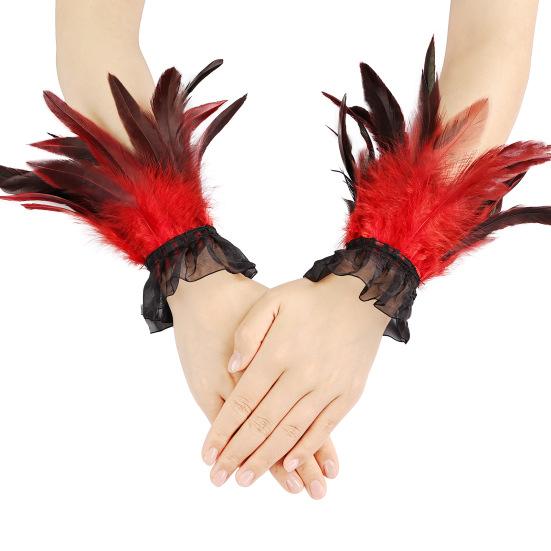 Women's Feather Wrist Cuffs Gothic Feather Fingerless Gloves Wristband Mesh Cuff for Halloween Cosplay Costume Accessories