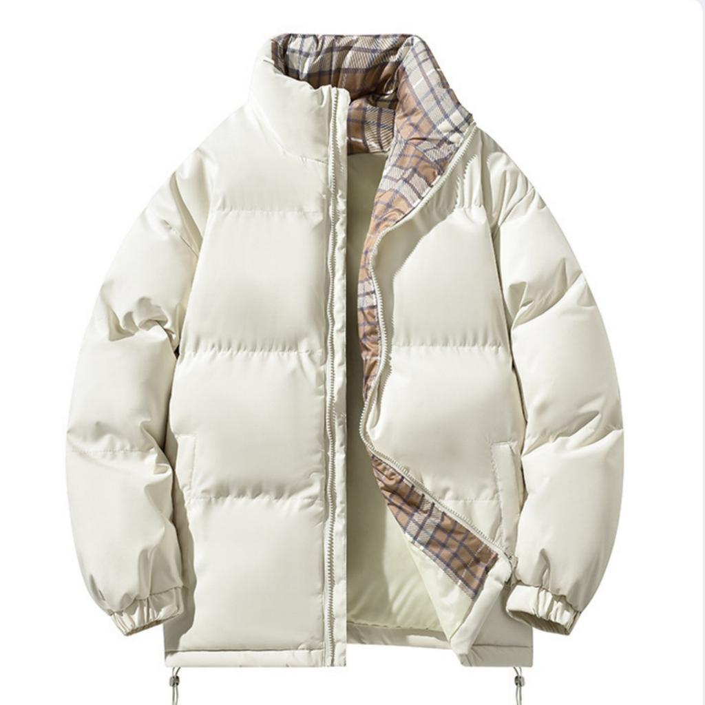 Herr- och damjacka i avslappnad färgmatchad rutig inner- och ytterdesign med ståkrage, herrarnas lösa och tjocka bomullsvadderade jacka