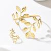 Vintage Exaggerated Leaf Bracelet Spiral Opening Adjustable Ring Set For Women Gold Color Metal Zircon Bangle Party Jewelry Gift