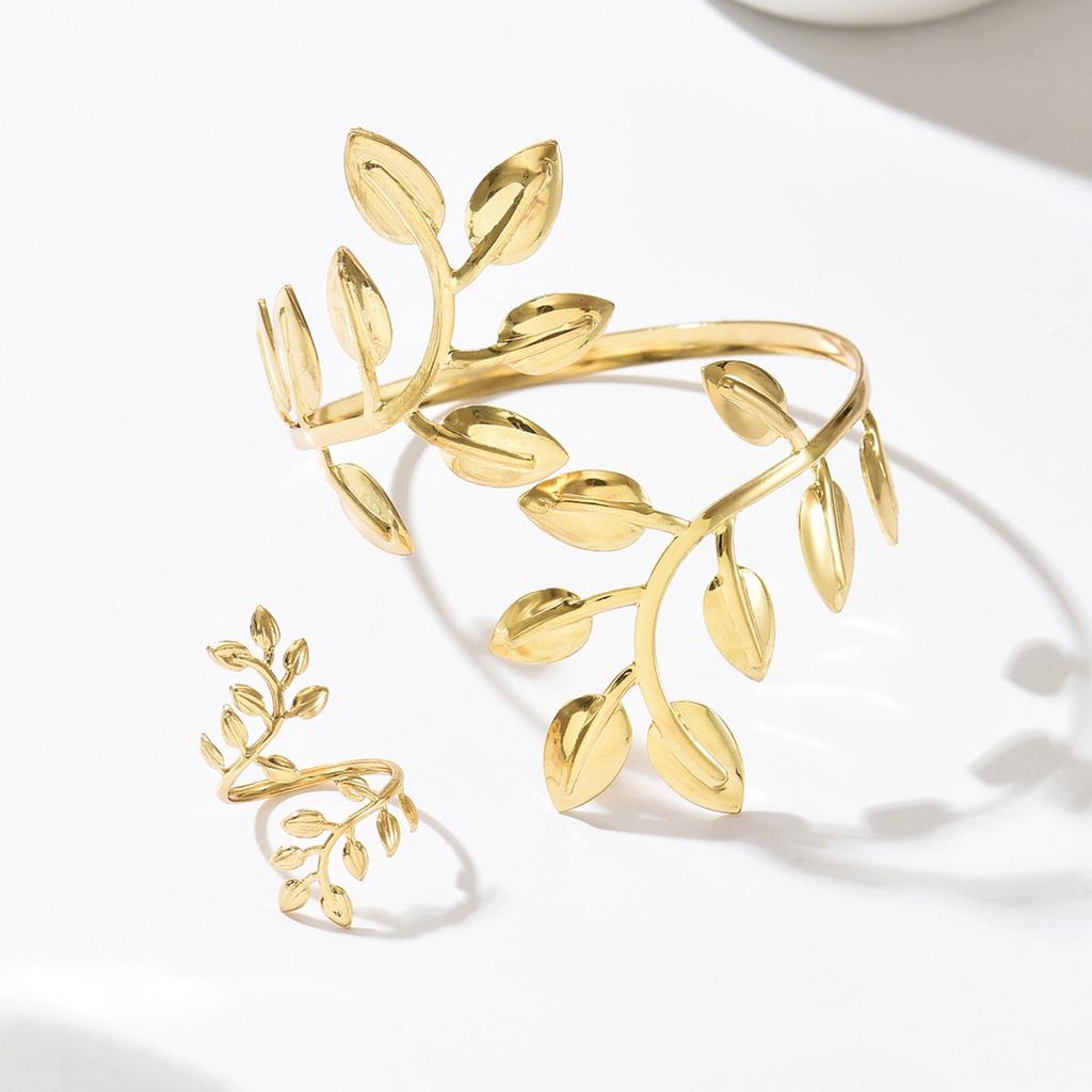 Vintage Exaggerated Leaf Bracelet Spiral Opening Adjustable Ring Set For Women Gold Color Metal Zircon Bangle Party Jewelry Gift
