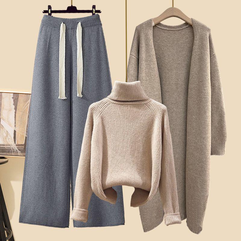 Autumn 2025 Knit Cardigan Set with High-Neck Sweater & Wide-Leg Pants