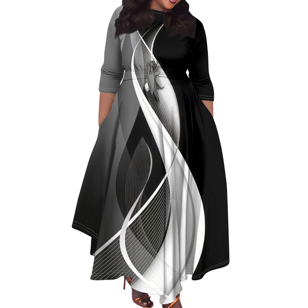 Uformelt mote for kvinner stor størrelse blomstertrykk rund hals trekvart ermer lommestropper swingkjole