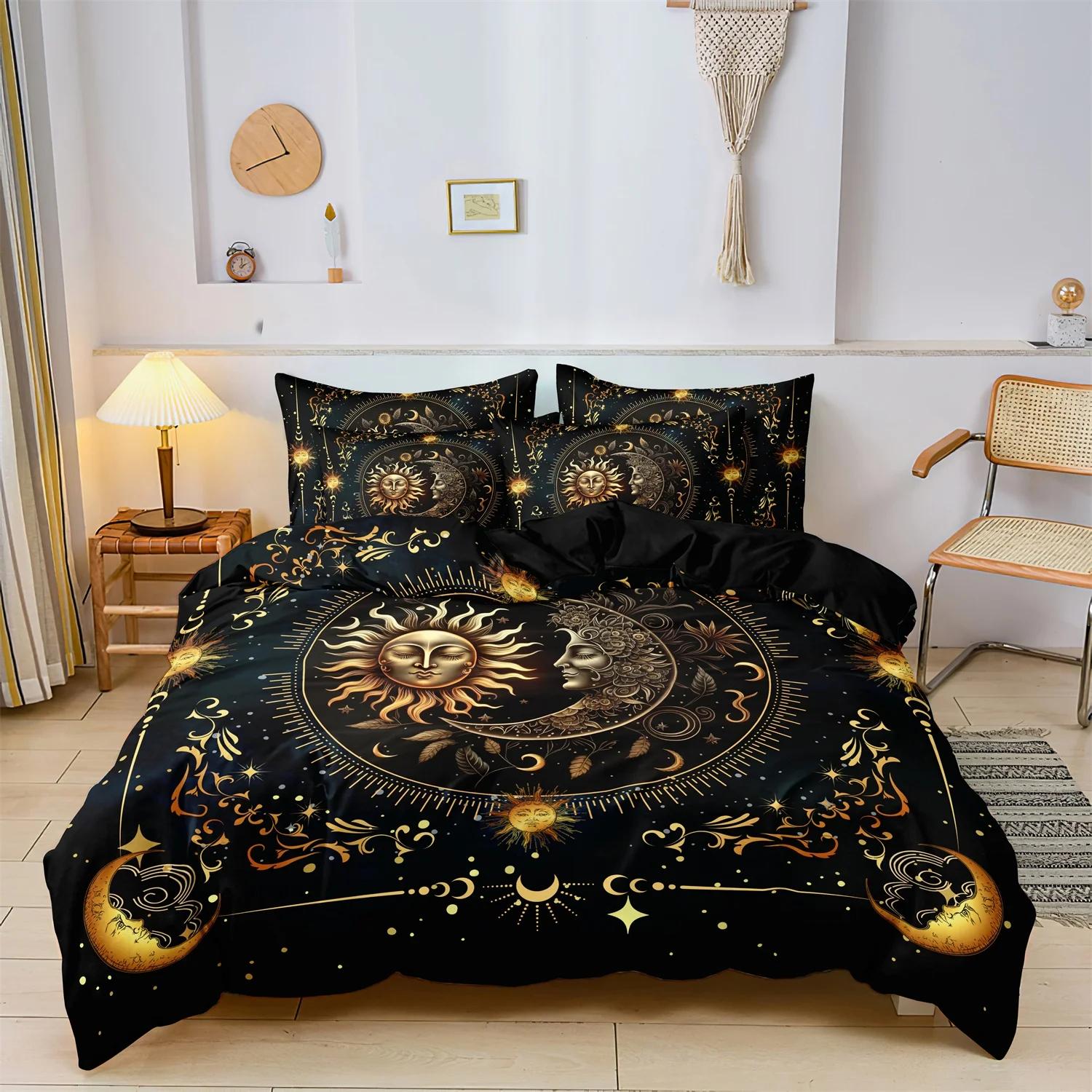 

3pcs Golden Sun Bedding Set Moon Planet Duvet Cover Set at Home Dormitory High Definition Numerical Code Printing Supe Soft (135x200cm)