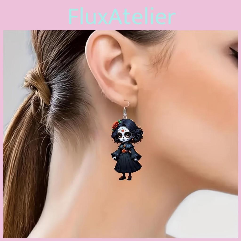 Halloween Themed Black Skull Rose Girl Four Pattern Women Earrings Acrylic