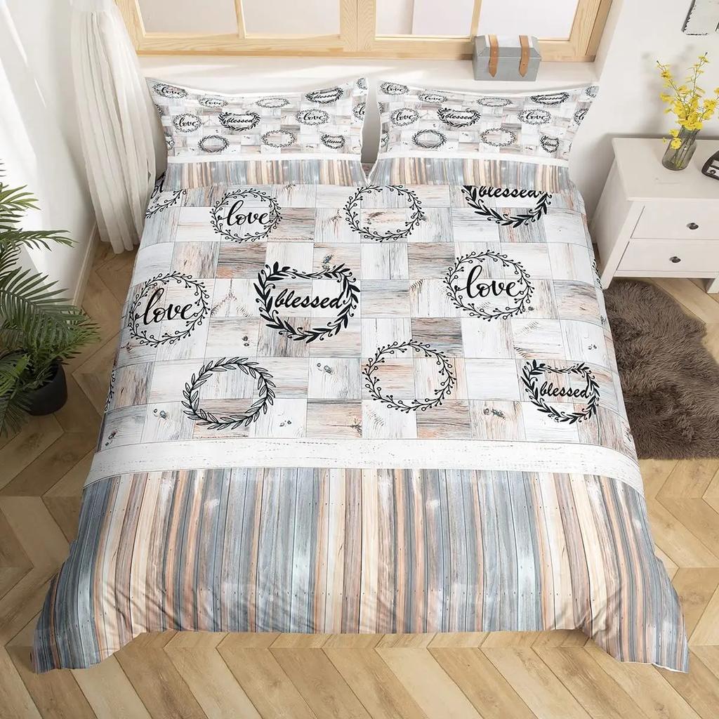 Rustic Wooden Barn Duvet Cover Set Wood Rustic Bedding Set Full King SizeFarm Farmhouse Comforter CoverPlank Wall Quilt Cover