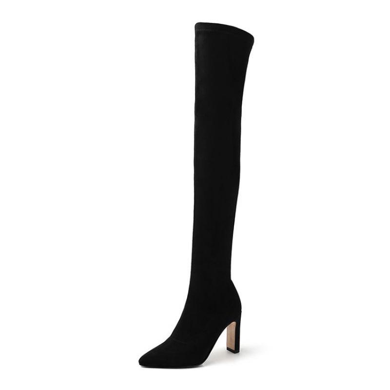 Autumn and Winter Over-the-knee Women's Boots European and American Large-size Shoes Pointed-toed Square-heeled Over-the-knee Boots Black Medium-heele